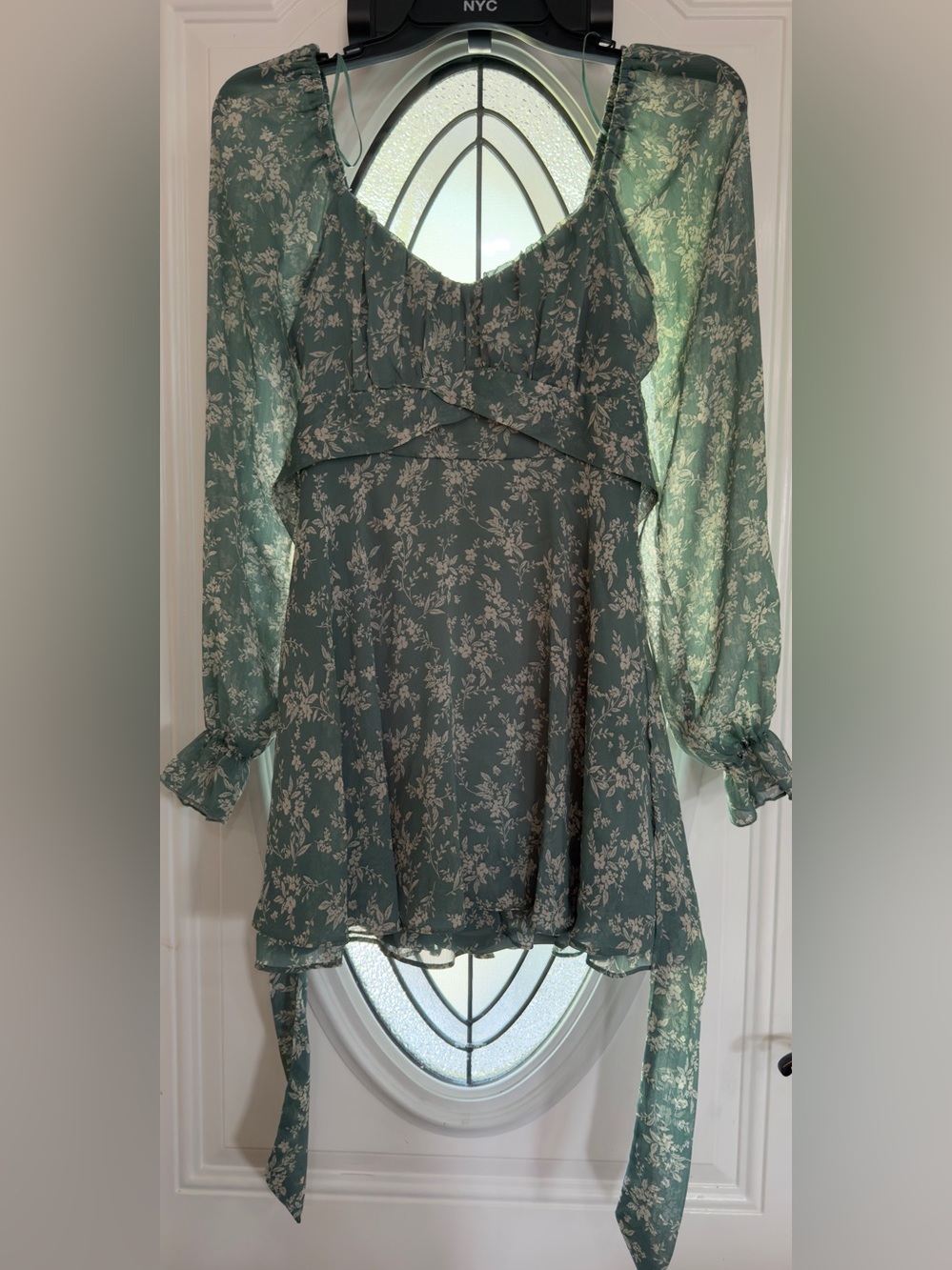 Large Green Floral Long-Sleeve Mini Dress